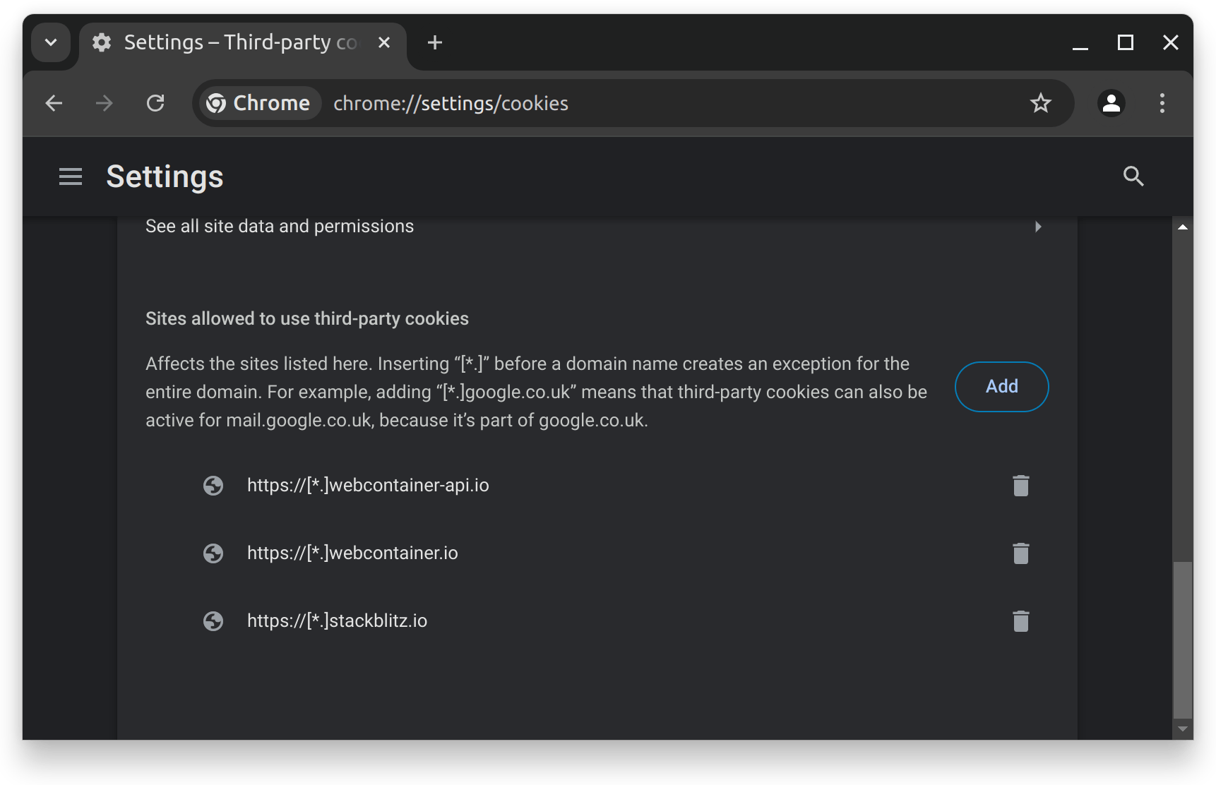 Chrome cookie settings with exceptions for stackblitz.io and local.webcontainer.io domains.