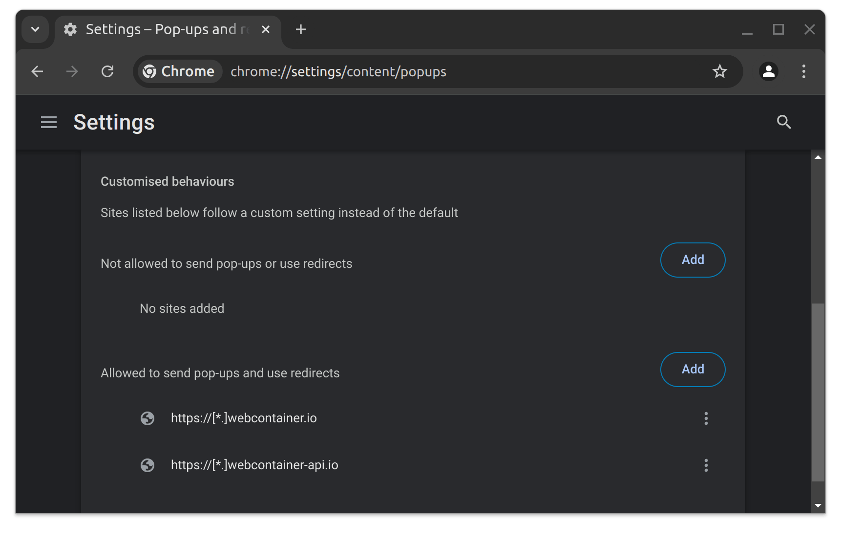 Chrome popups settings showing the *.webcontainer.io origins as exceptions