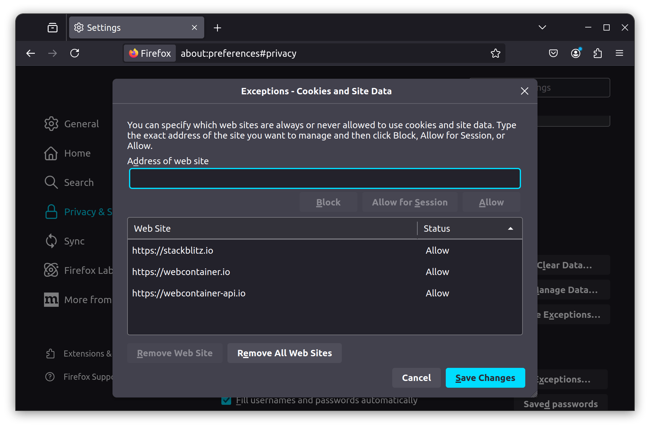 The Cookies and site data exceptions management window in Firefox settings. It shows a couple entries for stackblitz.io and webcontainer.io, both with the value “Allow”.