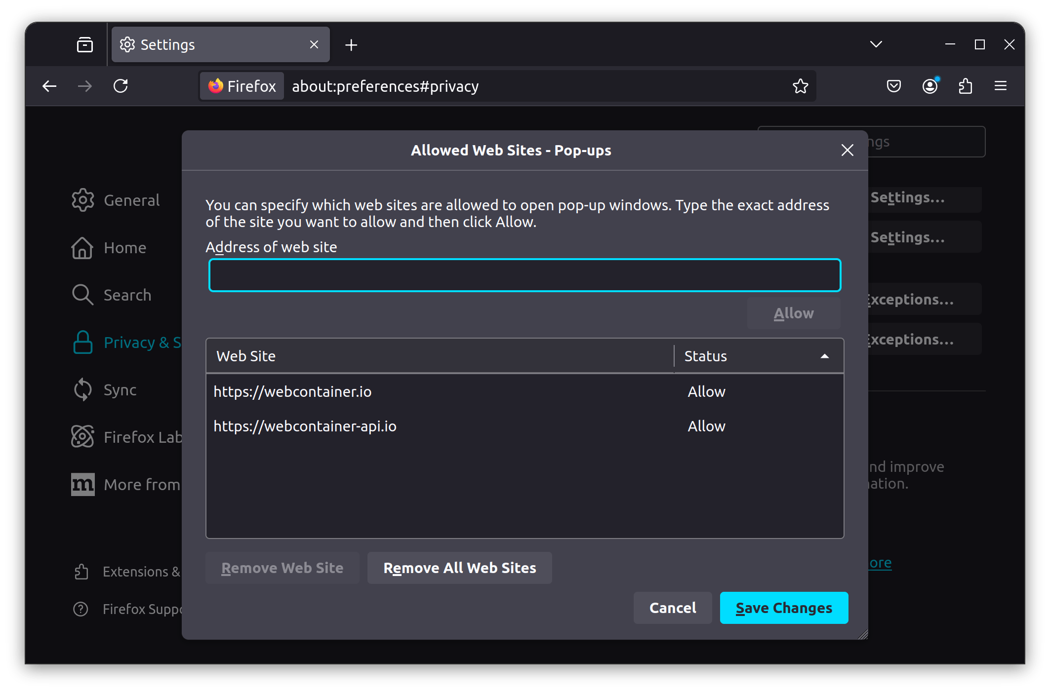 Firefox popups settings showing the webcontainer.io site allowed as an exception