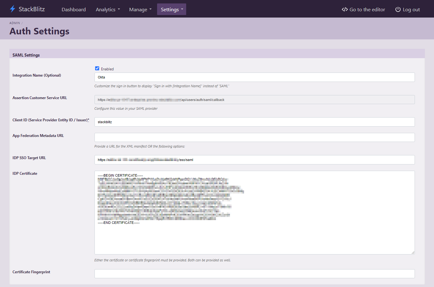 Okta SAML config in StackBlitz Admin Panel